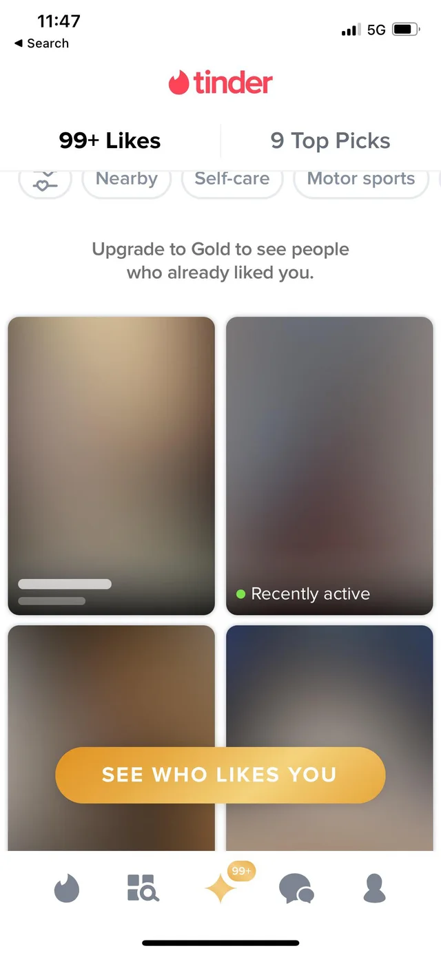 Dating-app screenshot with names and photos obscured