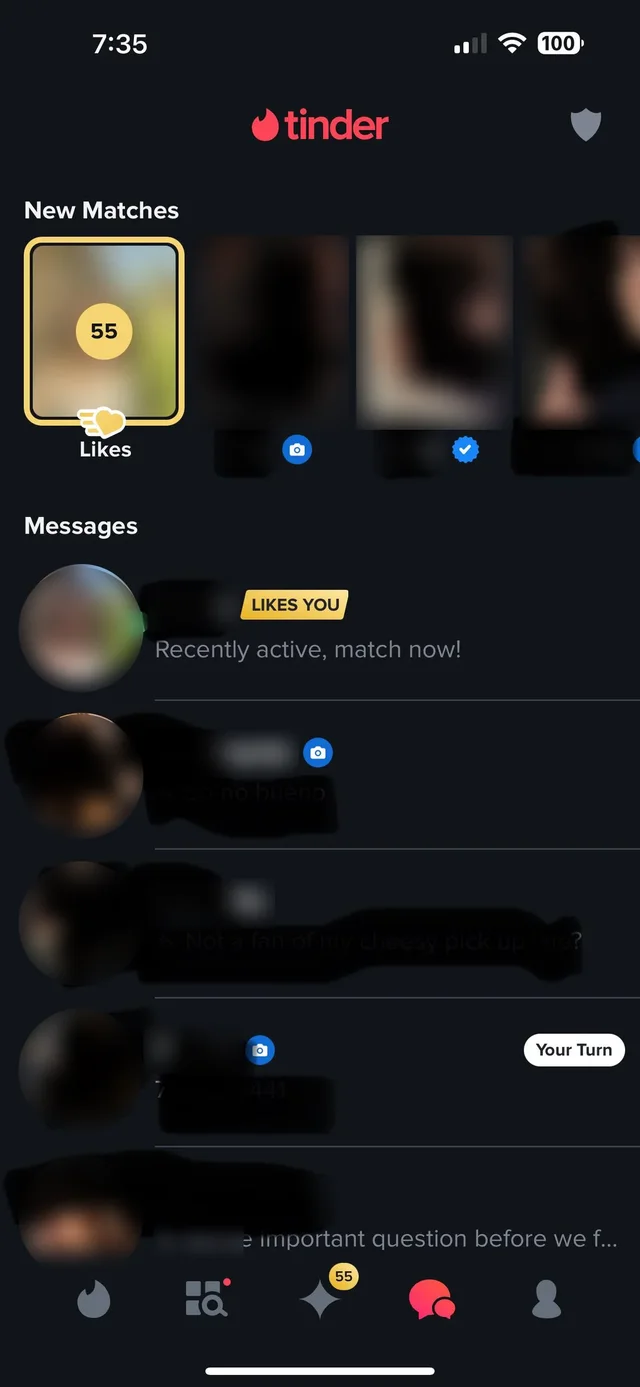 Dating-app screenshot with names and photos obscured