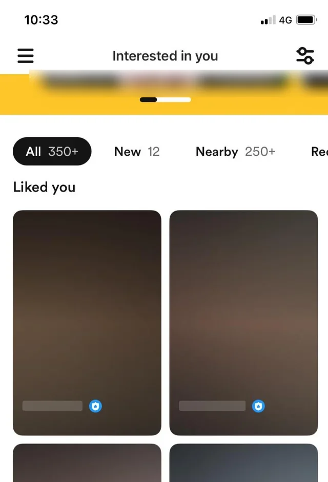 Dating-app screenshot with names and photos obscured