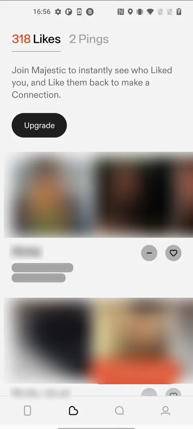 Dating-app screenshot with names and photos obscured
