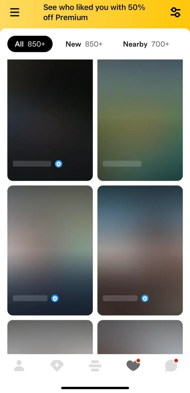 Dating-app screenshot with names and photos obscured