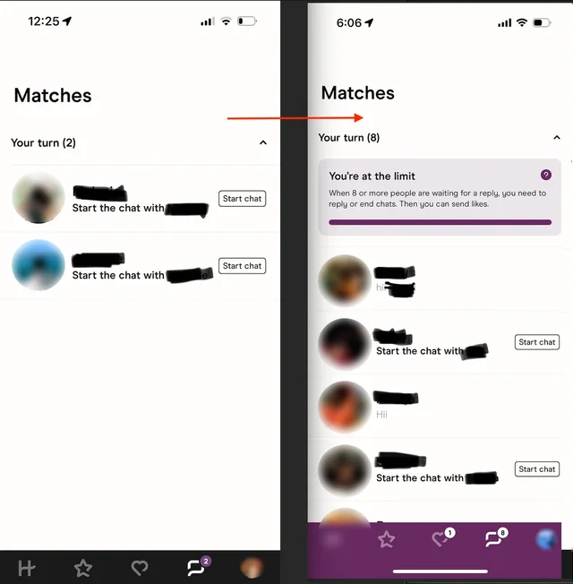 Dating-app screenshot with names and photos obscured