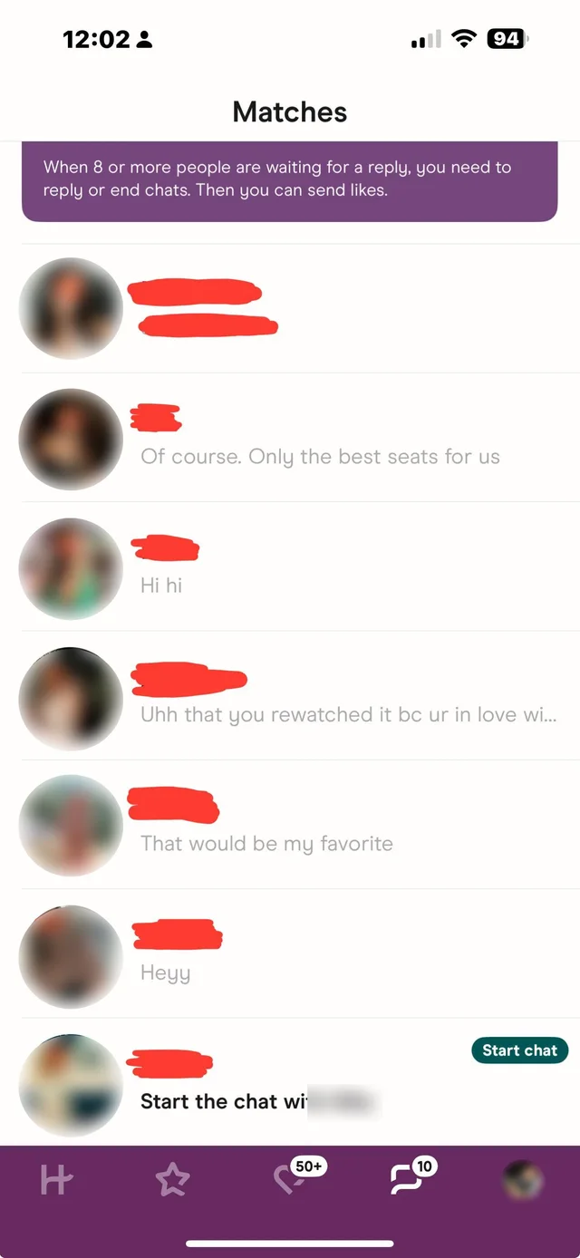 Dating-app screenshot with names and photos obscured