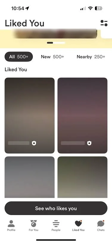 Dating-app screenshot with names and photos obscured