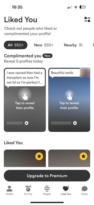 Dating-app screenshot with names and photos obscured