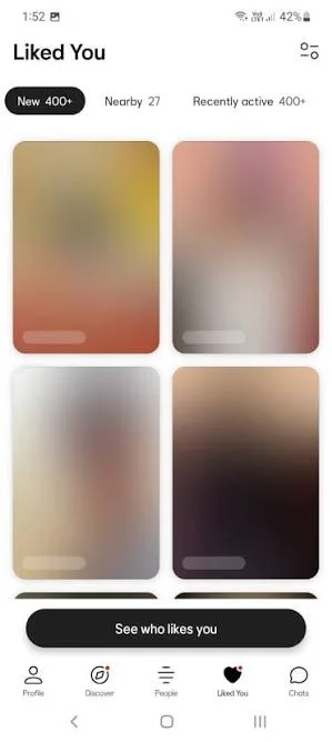 Dating-app screenshot with names and photos obscured