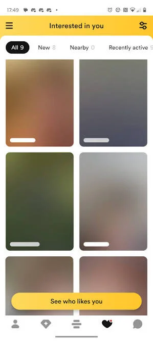 Dating-app screenshot with names and photos obscured