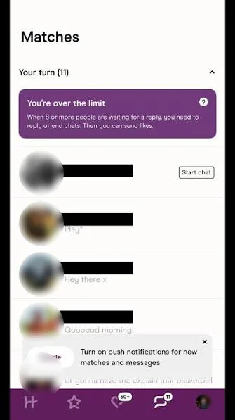 Dating-app screenshot with names and photos obscured
