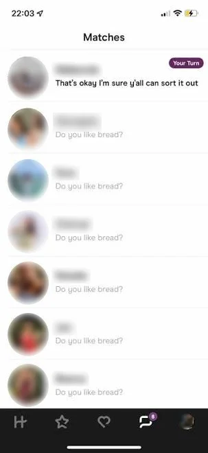 Dating-app screenshot with names and photos obscured