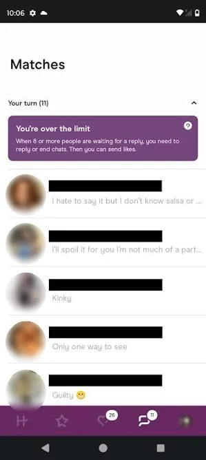 Dating-app screenshot with names and photos obscured