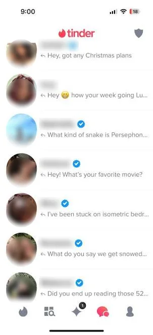 Dating-app screenshot with names and photos obscured