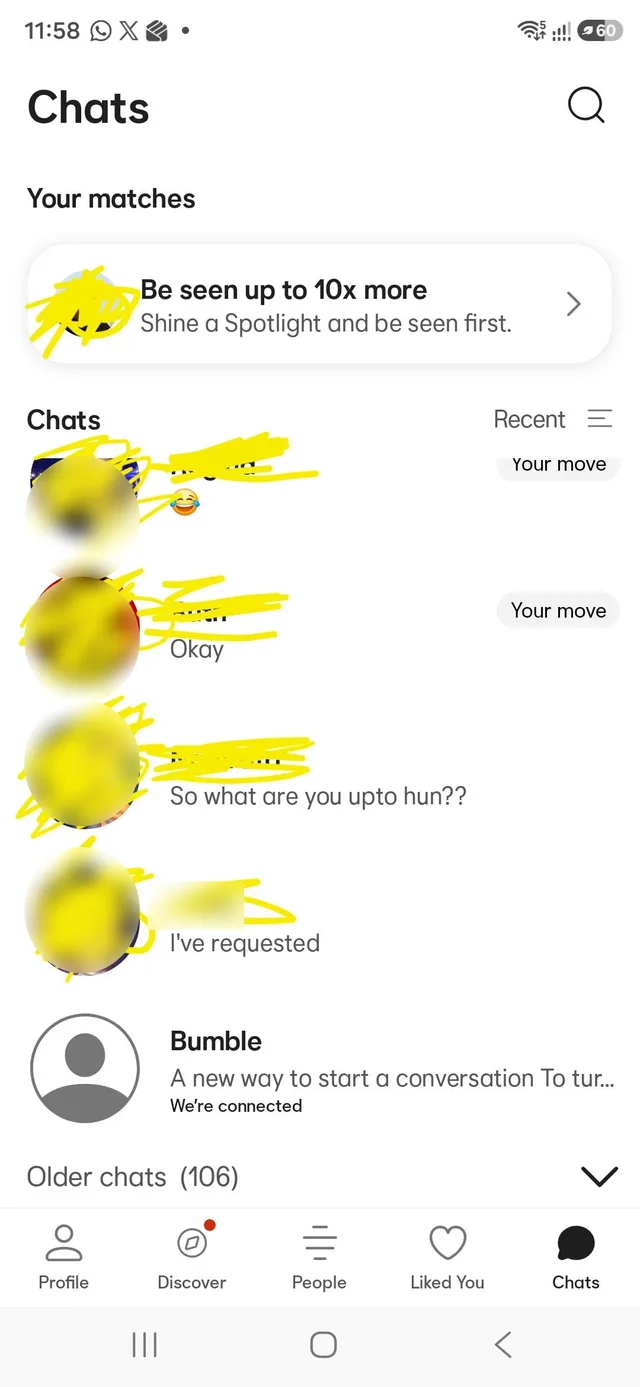 Dating-app screenshot with names and photos obscured