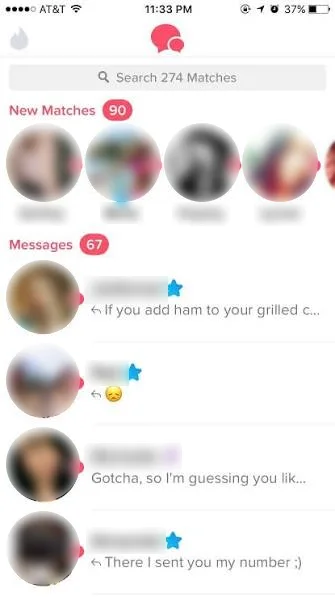 Dating-app screenshot with names and photos obscured