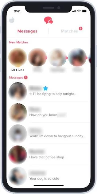 Dating-app screenshot with names and photos obscured