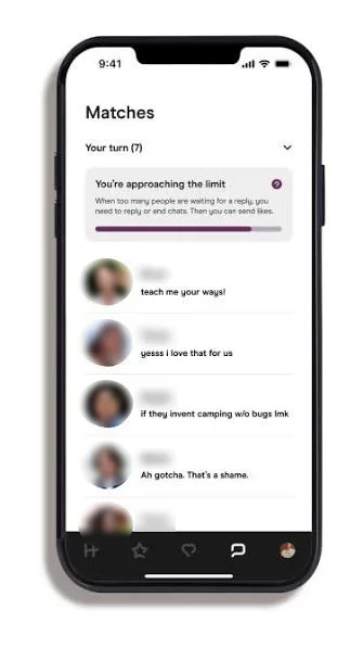 Dating-app screenshot with names and photos obscured