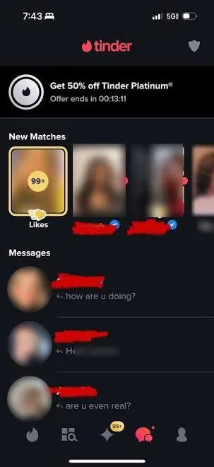 Dating-app screenshot with names and photos obscured