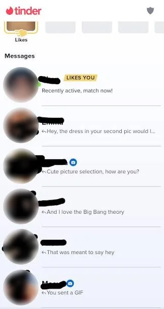 Dating-app screenshot with names and photos obscured
