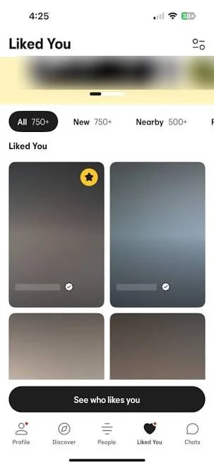 Dating-app screenshot with names and photos obscured