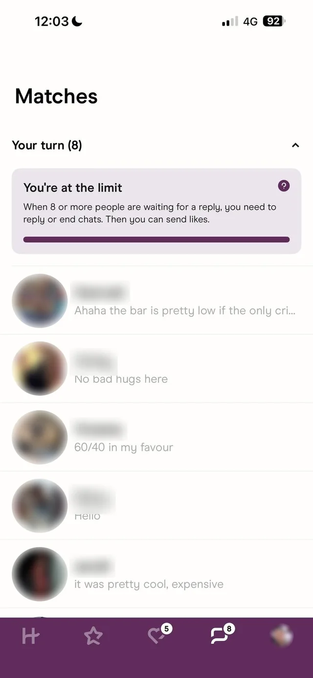 Dating-app screenshot with names and photos obscured