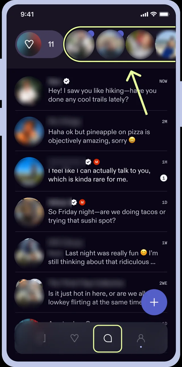Dating-app screenshot with names and photos obscured