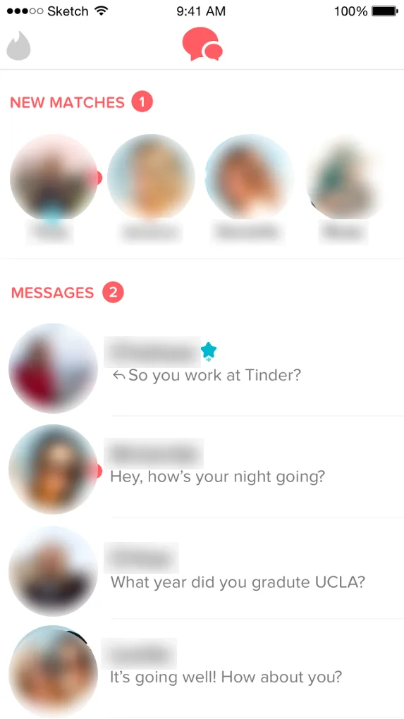 Dating-app screenshot with names and photos obscured