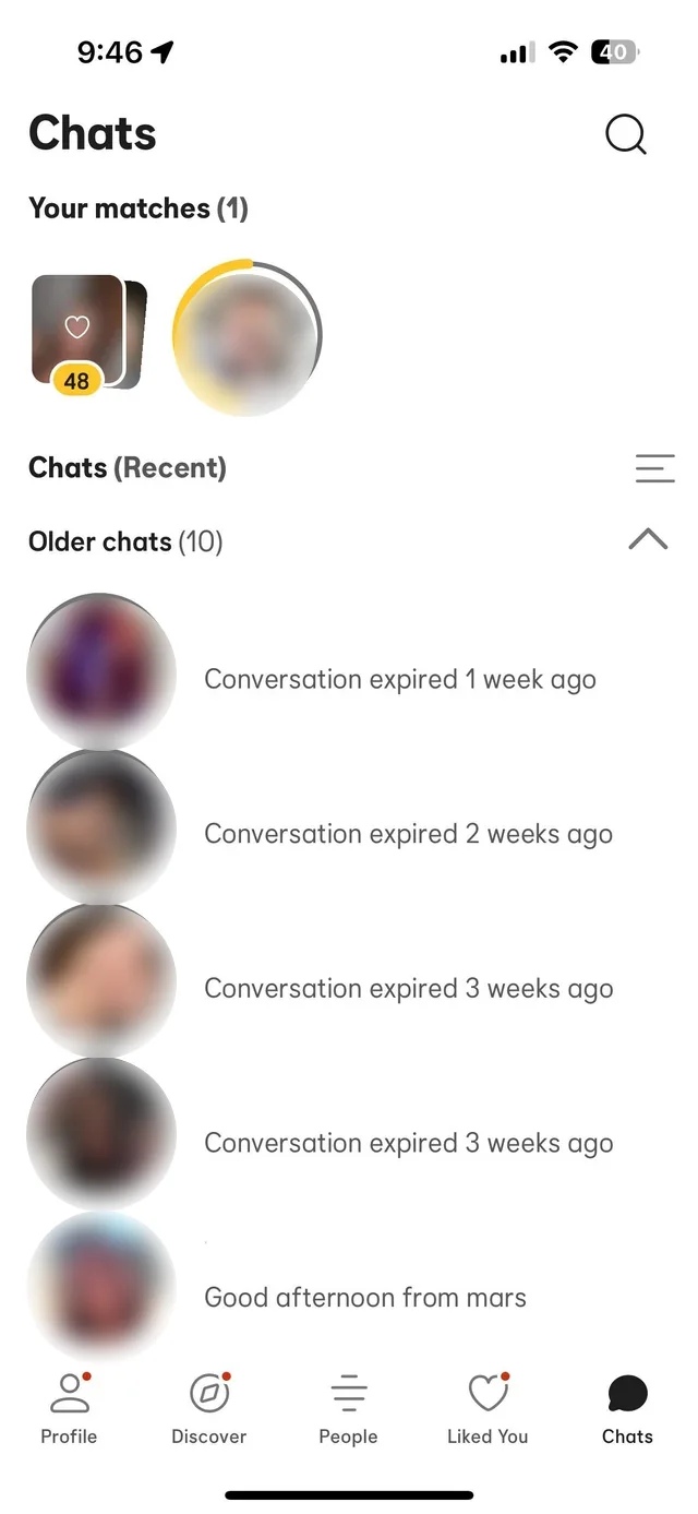 Dating-app screenshot with names and photos obscured