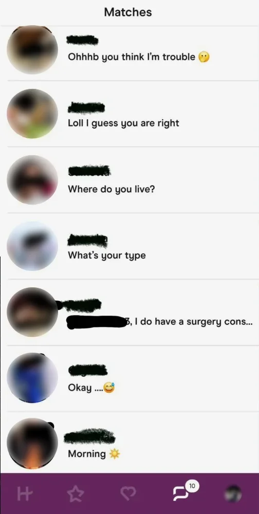 Dating-app screenshot with names and photos obscured