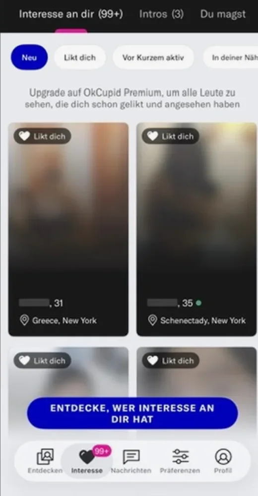 Dating-app screenshot with names and photos obscured