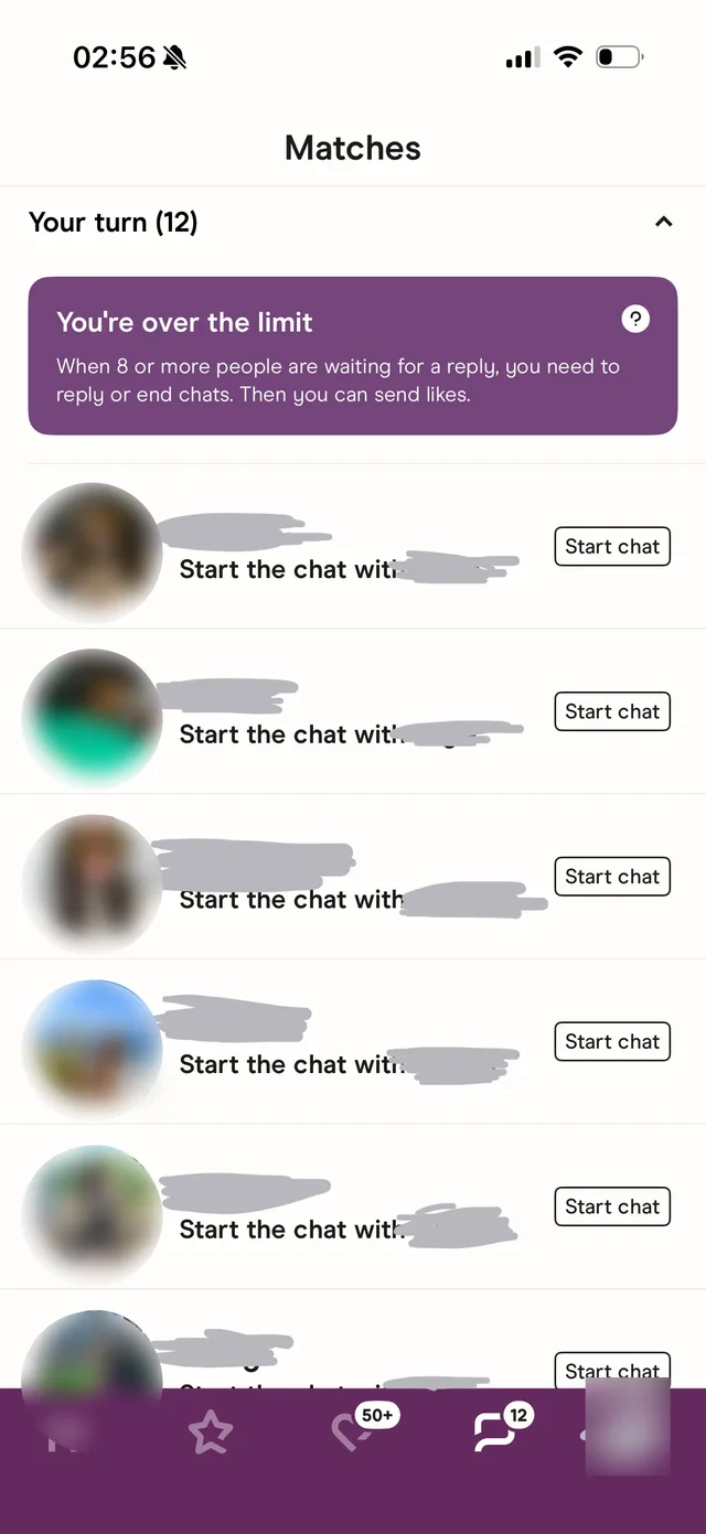 Dating-app screenshot with names and photos obscured