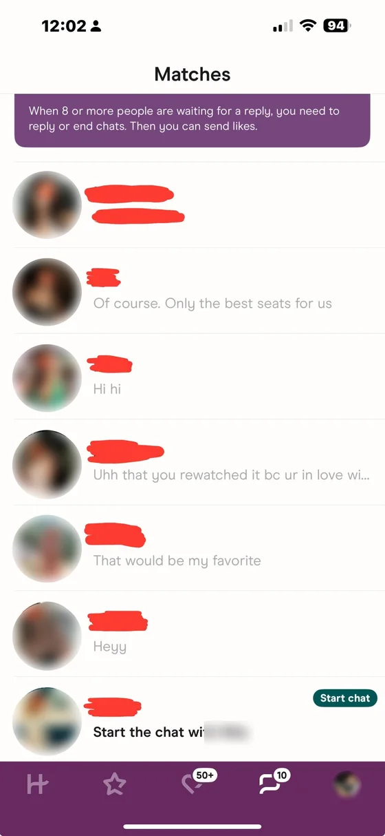 Dating-app screenshot with names and profile photos blurred