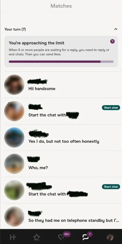 Dating-app screenshot with names and profile photos blurred