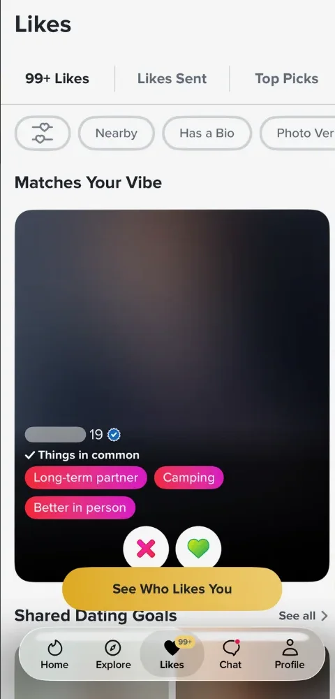 Dating-app screenshot with names and profile photos blurred