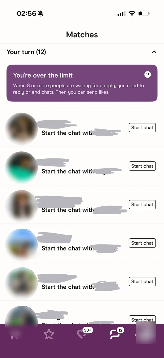Dating-app screenshot with names and profile photos blurred