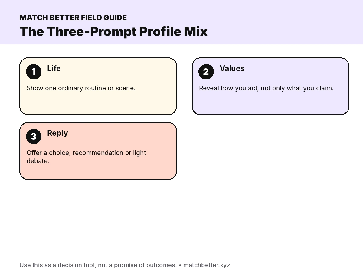 Three-prompt Bumble mix covering life, values and an easy reply