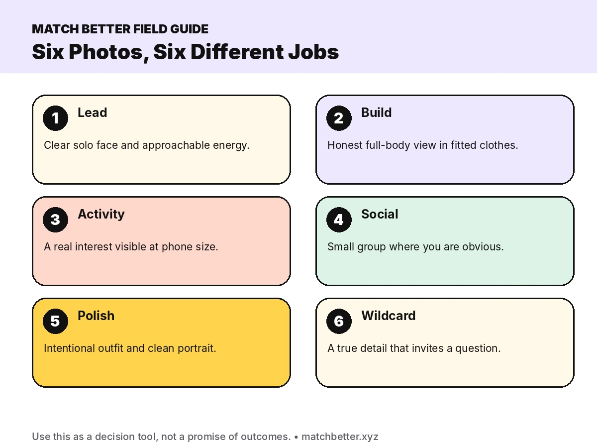 Six-photo dating profile formula showing lead, build, activity, social, polish and wildcard roles