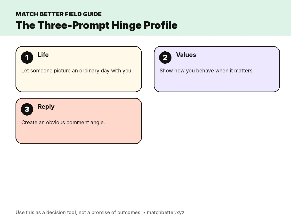 Hinge prompt framework using life, values and reply roles