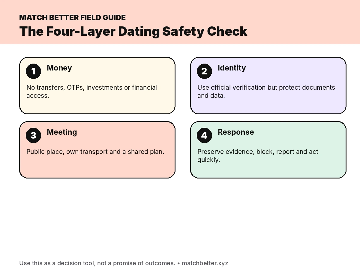 Four-layer safety check covering money identity meeting and reporting