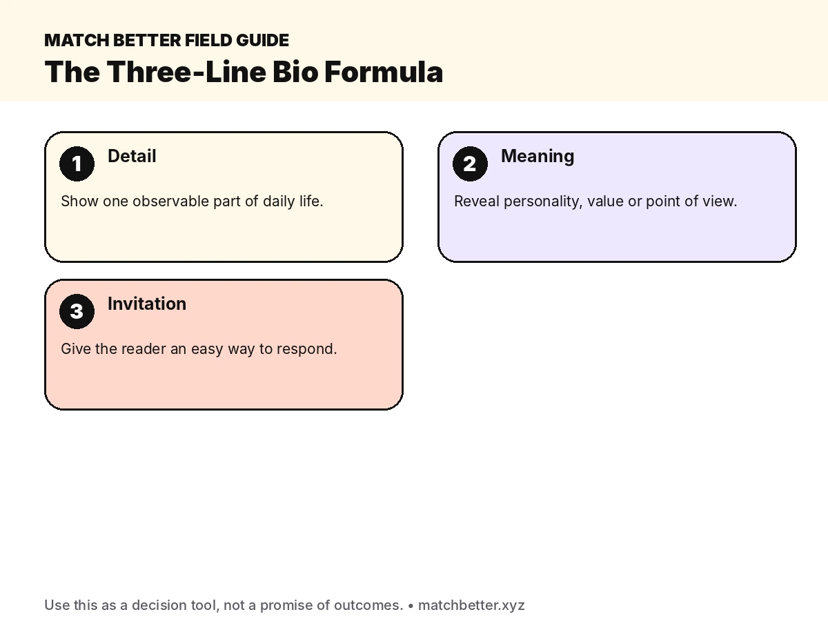 Three-line dating bio formula using detail, meaning and invitation