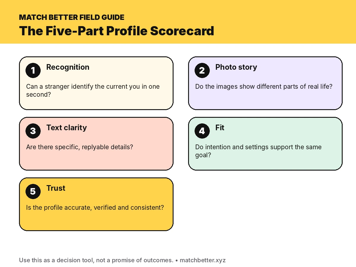 Five-part dating profile scorecard for recognition, photos, text, fit and trust