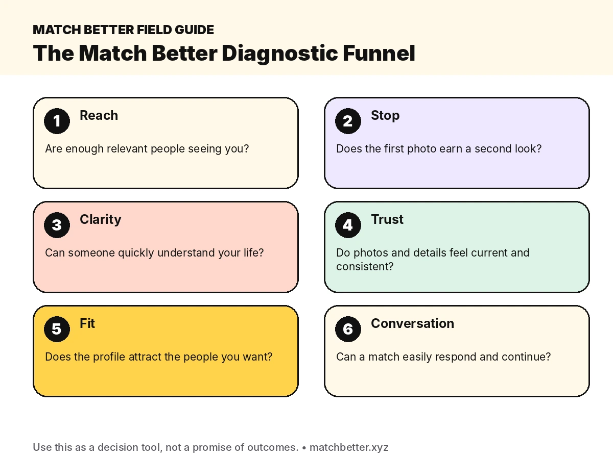 Six-stage dating app funnel from reach to conversation